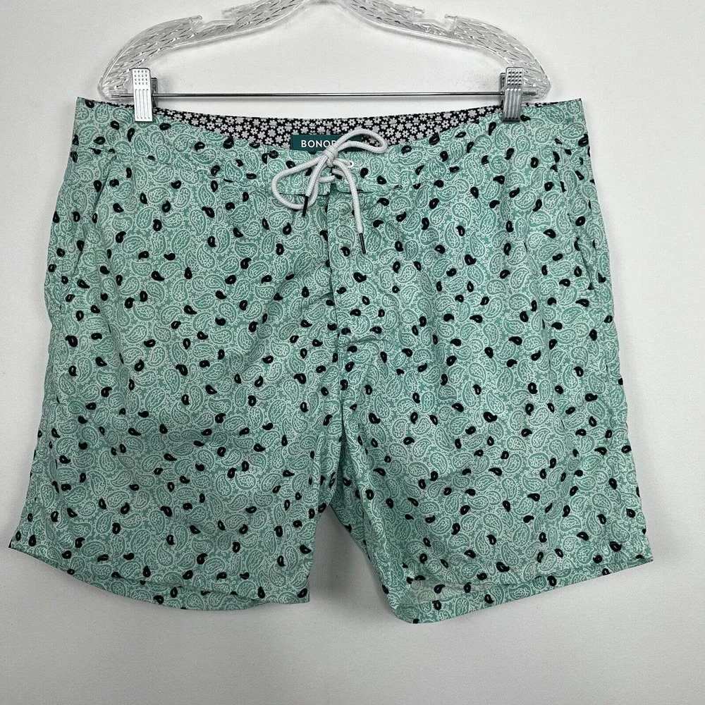 Bonobos Swim Trunks Men's 38 Green Seafoam Paisley Print 7" Inseam W Brief Liner - Picture 2 of 12